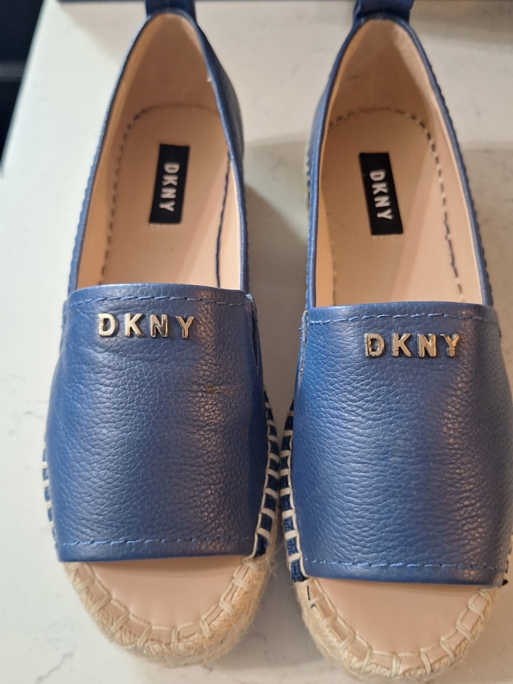 DKNY Blue Leather Espadrille Peep-Toe Slip-Ons